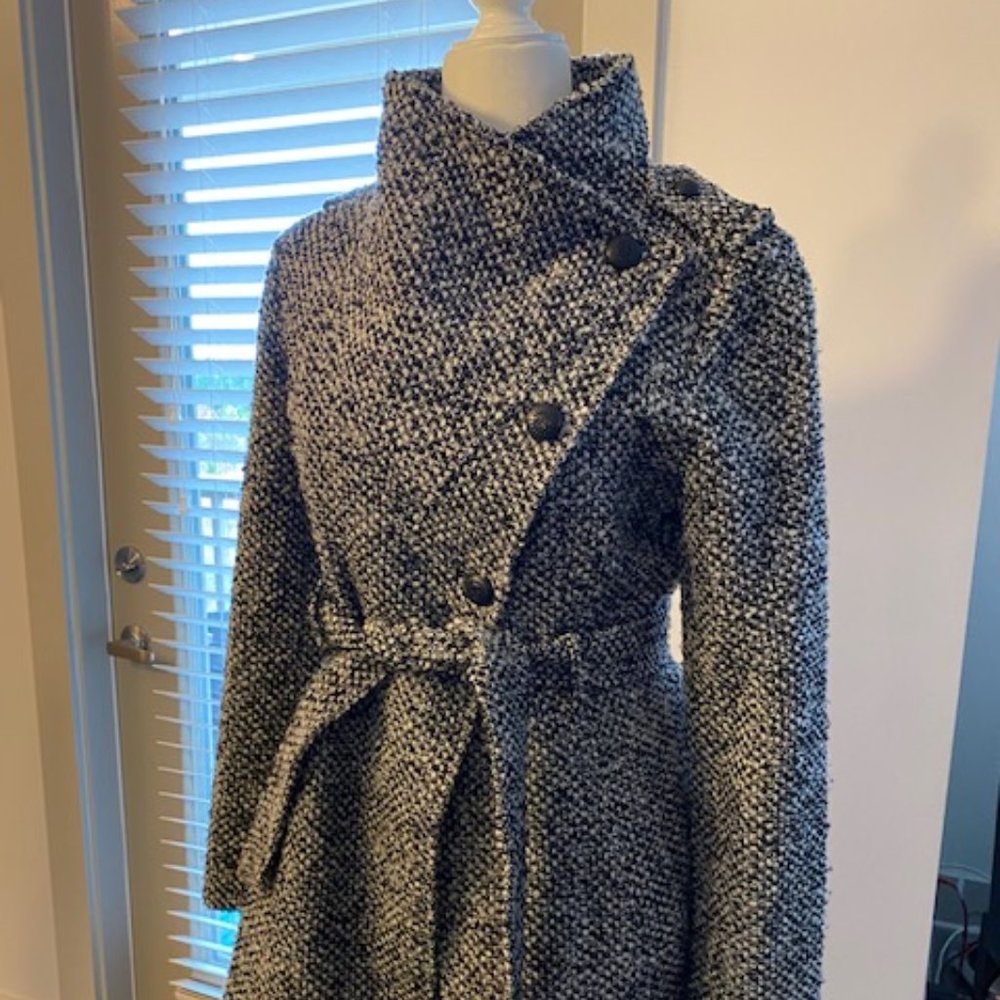 Guess Wool Tweed Asymmetrical Belted Wrap Coat
